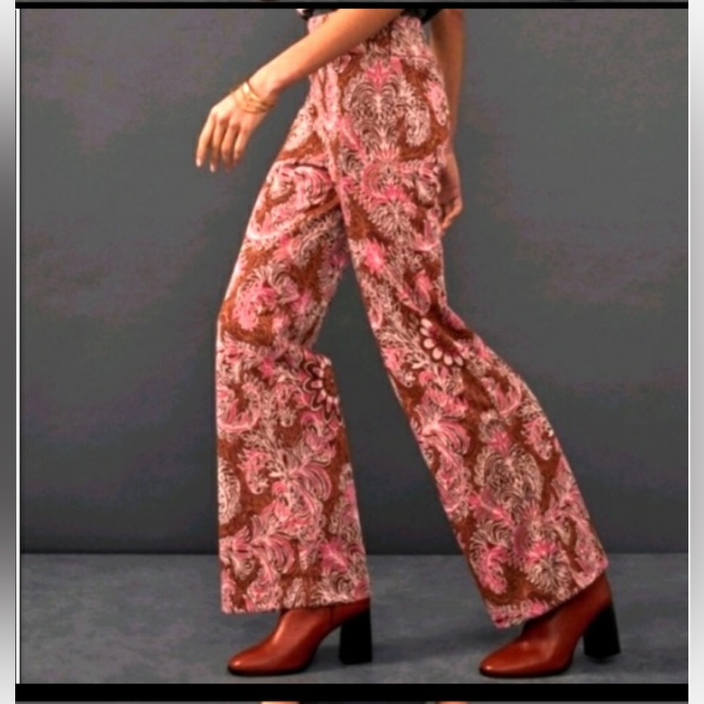 Anthropologie Maeve Pink Bronze Metallic Floral Paisley Wide Leg Flare Pants